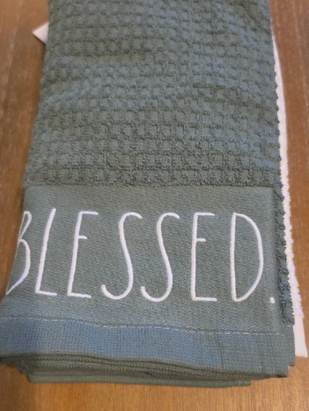 Rae Dunn Olive Green 'BLESSED' Waffle Knit Kitchen Towel Set Of 3 NWT